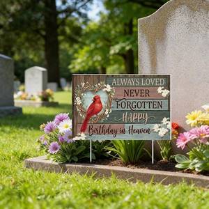 lot 20076 image: Frienda Happy Birthday in Heaven Decoration Heavenly Birthday Yard Sign with Stake Cemetery Decorations for Grave Waterproof Outdoor Garden Memorial Sign for Gravesite Garden Yard Favor(Cardinal)