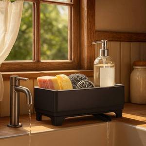lot 20079 image: MOUKABAL Sponge Holder for Kitchen Sink �� Rustproof Stainless Steel, 360° Rotating Drain Pipe, Large Counter Organizer with Drip Tray for Sponges, Brushes & Dish Cloths Black