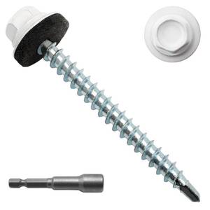lot 20088 image: JEGONFRI 200pcs #10 x 2 White Hex Head Self-Drilling Metal Roofing Screws, EPDM Washer, Colored Head, Wood Screws, Sheet Metal Roof Screw with Hex Driver Bit (White, 2 in)