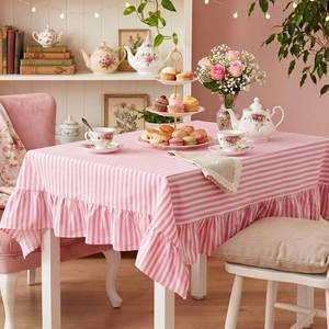 lot 20094 image: Mindsoft Pink Striped Ruffled Tablecloth 70 x 52 Inches Cotton Linen Rectangular Striped Table Cloth Classic Farmhouse Vintage Table Cover Decorative Pattern for Holiday Party