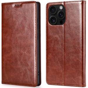lot 20107 image: WallchauG for iPhone 13 Pro Max Wallet Case, Genuine Leather Flip Folio Cover with RFID Blocking Card Holder & Kickstand, Shockproof TPU Inner Shell for iPhone 13 Pro Max, Brown
