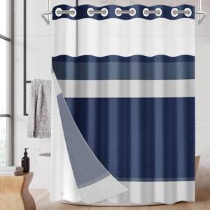 lot 20128 image: Nesphy No Hook Shower Curtain with Snap in Fabric Liner Set, Waffle Weave Striped Navy Nautical Heavy Duty Bathroom Curtain Set Sheer Mesh Top Waterproof Double Layers Hotel Style, 71x74 Inch