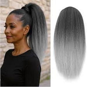 lot 4311 image: UAmy hair Gray Yaki Straight Drawstring Ponytail for Women 16inch Salt and Pepper Hair Yaki Pony Tail Clip in Hairpiece Shoulder Length Synthetic Kinky Straight Ponytail hair Extension(M1BGray)