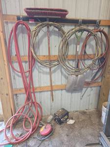 lot 18713 image: Collection of Hoses, Extension Cords, and Power Washer Hose and Handle