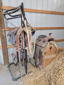 lot 18727 image: Western Horse Saddles with Other Tack and Metal Tack Rack Set