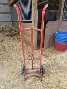 lot 18728 image: Red Two-Wheel Hand Truck Dolly For Barrels