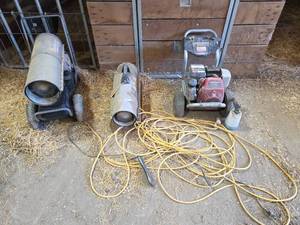 lot 18729 image: Simpson PS61044 Gas Pressure Washer, Dewalt 50,000 BTU Dewalt Heater, and Mr Heater Industrial 140,000 BTU Heater