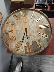 lot 23559 image: Rustic Wine Barrel Wall Clock with Roman Numerals