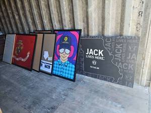 lot 23576 image: Mixed Lot Framed Items, Cork Boards and Commercial Display Rack