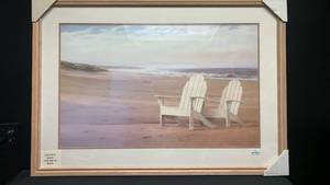 lot 5410 image: Beach Scene with Adirondack Chairs Framed Print