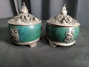 lot 40998 image: Chinese Green Jade and Silver Dragon Incense Burner Set