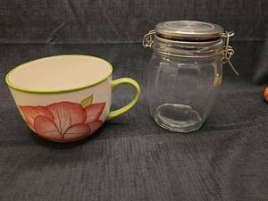 lot 40146 image: Floral Tea Cup and Glass Storage Jar Set