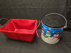 lot 40151 image: Christmas Holiday Basket and Snowman Tin Set