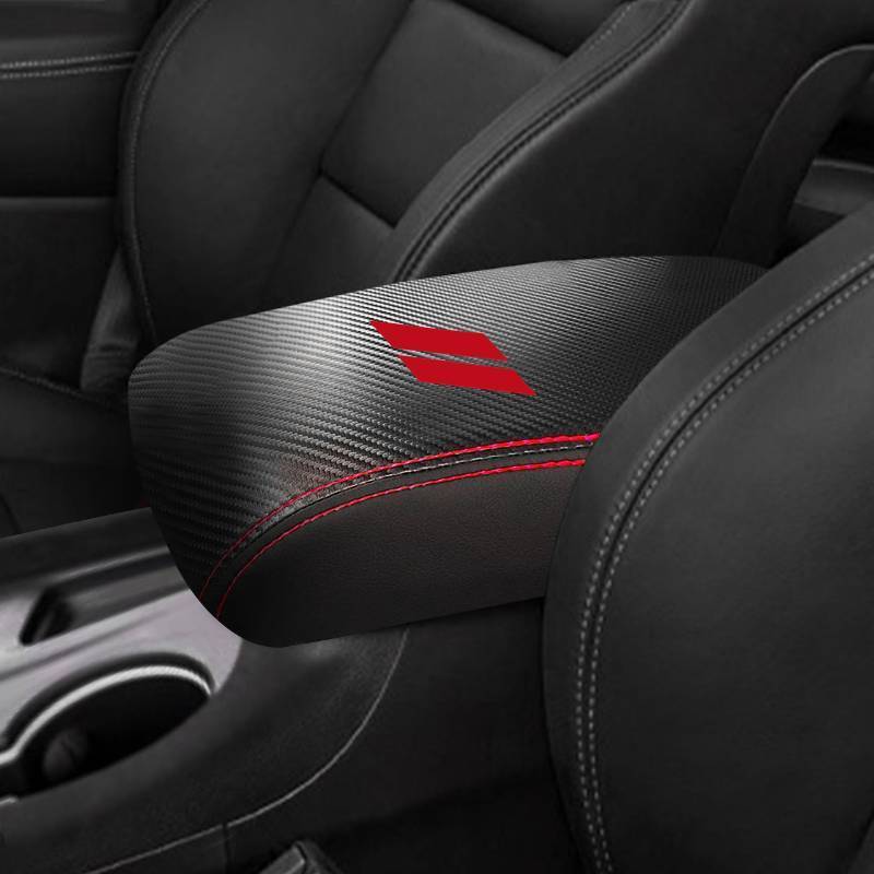 lot 36116 image: Dodge Durango Accessories 2021 2022 2023 2024 2025 2026 Center Console Armrest Cover Interior Box Anti-Scratch Leather Central Armrest Decoration (Carbon Fiber red) - Retail $20
