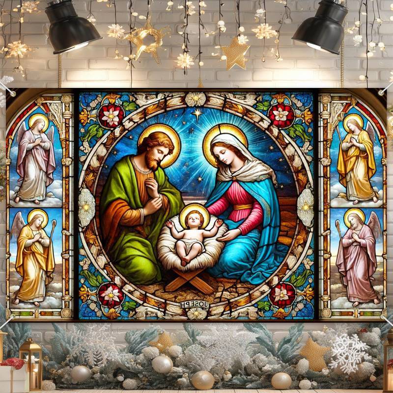 lot 36155 image: Christmas Banner Backdrop Nativity Scene Jesus Birth Wall Poster with Holy Family Mary Joseph Baby for Church Religious Party Indoor Outdoor 71�43 Inch - Retail $10