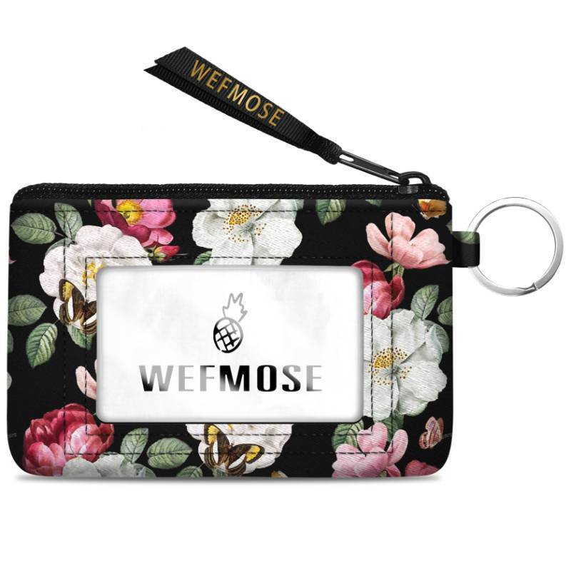 lot 36186 image: Small Wallet Keychain with Clear ID Window Zipper Cute ID Case Coin Purse for Women Water Resistant Coin Pouch-Black Floral Keychain Wallet - Retail $10