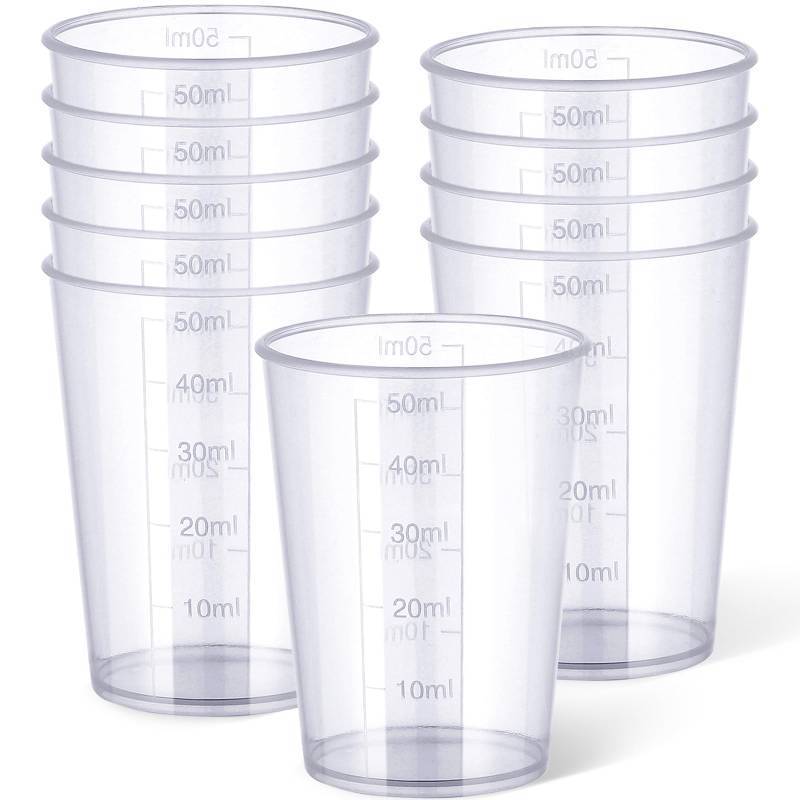 lot 36189 image: 50ml Measuring Cups, 1.7oz Disposable Graduated Cups for Resin Mixing, Model Painting, Adhesive & Lab Use, Chemical Resistant, Stackable, 10 Packs - Retail $7
