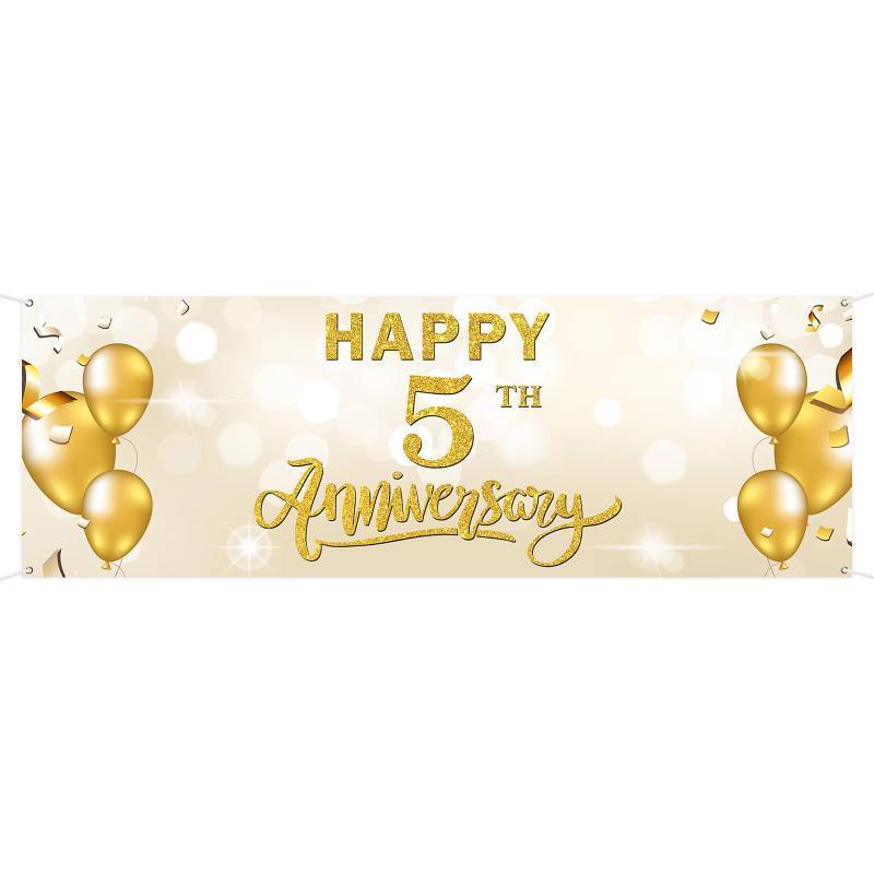 lot 36194 image: Large Happy 5th Anniversary Banner Five Themed Garden Backdrop Banner Company Wedding Anniversary Lawn Sign 5th Birthday Retirement Party Outdoor Indoor Decorations 72 x 24 inch - Retail $10