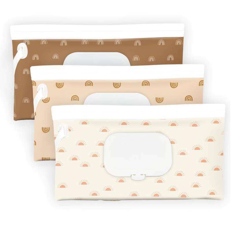 lot 36197 image: Baby Wipe Holder, Wipe Dispenser, 3-Pack Portable Refillable Wipe Container, Reusable Travel Baby Wipes Case, Waterproof and Dustproof, Wipe Holder for Diaper (Bohemian) - Retail $6