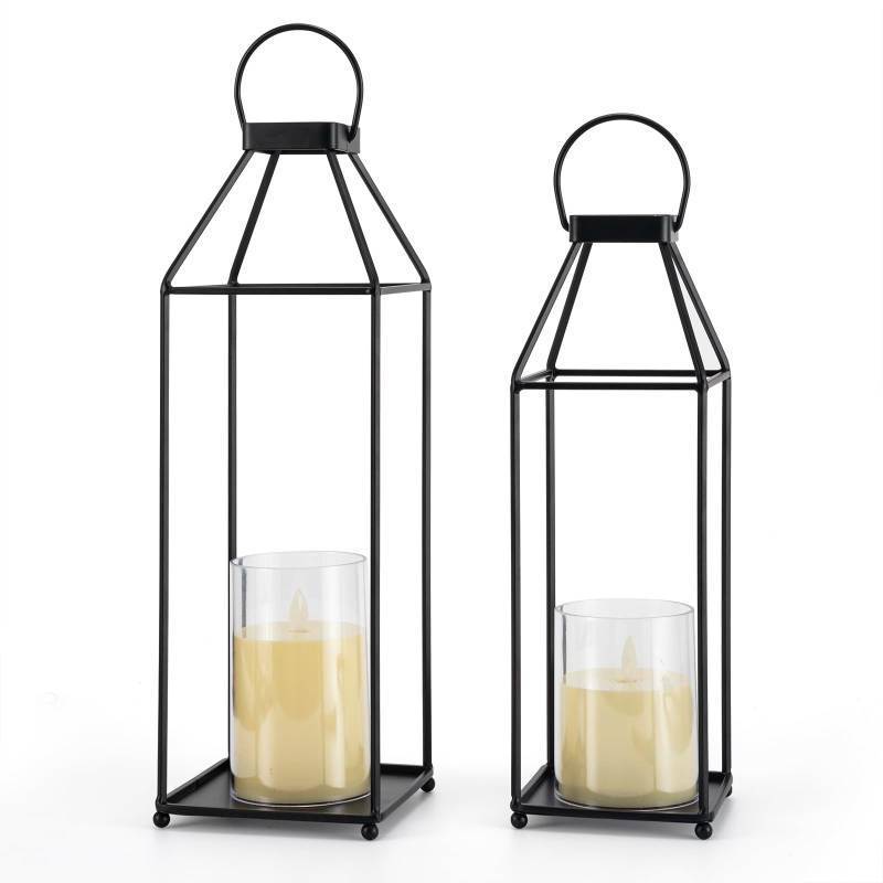 lot 62234 image: Lanterns Decorative Outdoor 2PCS Living Room Decor Lantern Black Metal Lantern Front Porch Decor Lanterns Decor Indoor with LED Candle Lanterns Decor No Glass for Indoor Outdoor (Small&Large, 2Pcs) - Retail $21