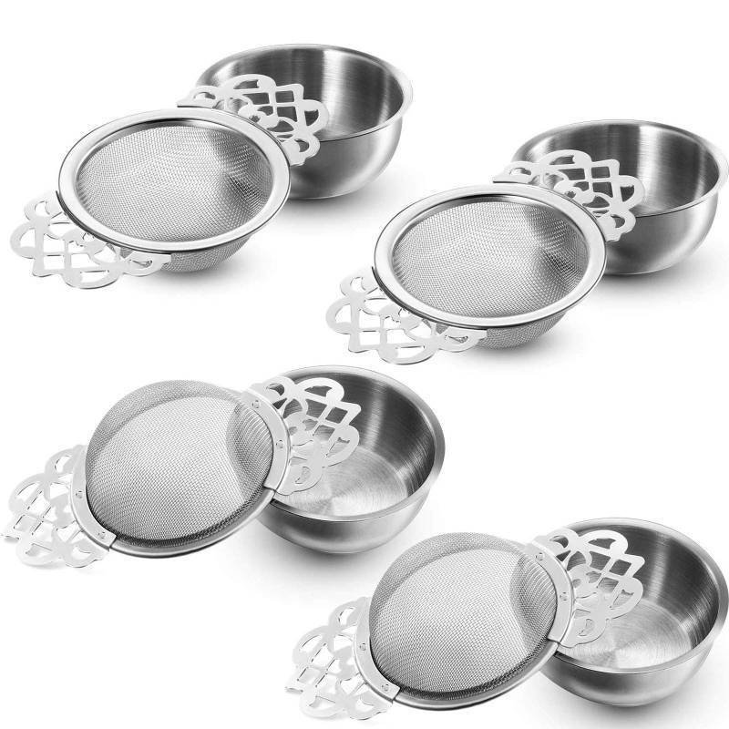 lot 62279 image: 4 Pieces Empress Tea Strainers with Drip Bowls, Mesh Tea Infuser Stainless Steel Loose Leaf Residue Filter with Handles for Better Residue Experience, Silver - Retail $15