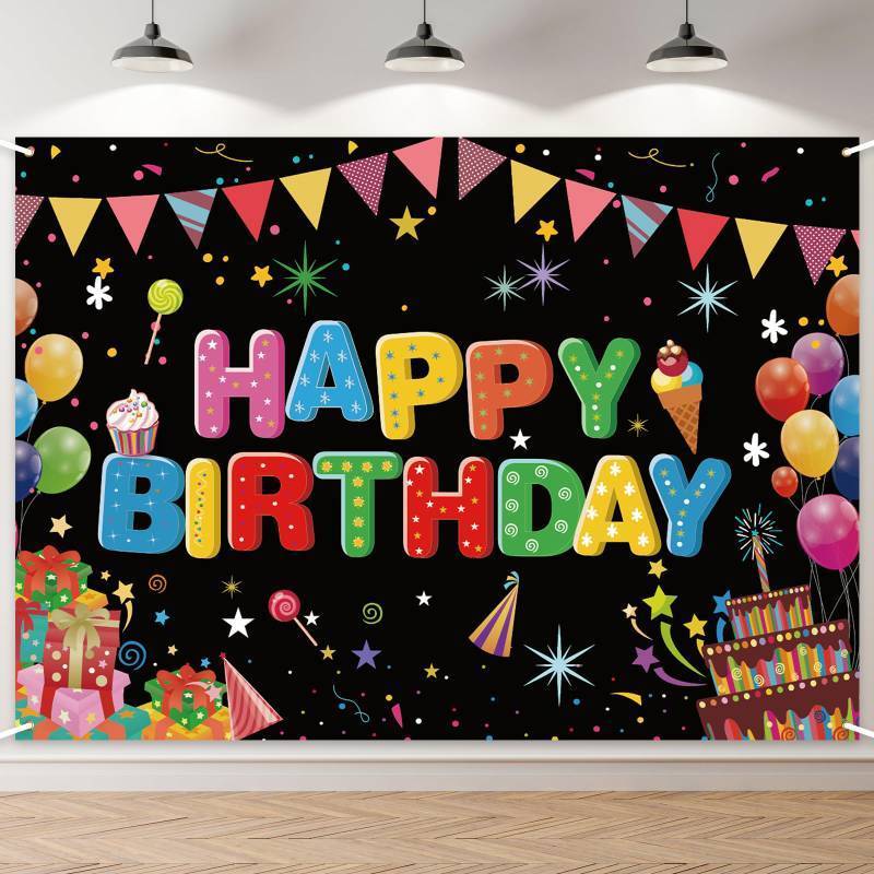 lot 62331 image: 7 x 5 FT Happy Birthday Backdrop - Extra Large Colorful Birthday Banner Wall Hanging, Fun Photo Booth Background for Kids and Adults Indoor Outdoor Party Decorations - Retail $23