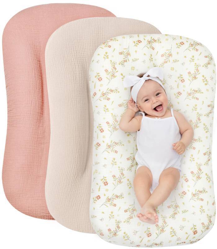 lot 62339 image: Muslin Baby Lounger Cover 3 Pack,100% Cotton Newborn Lounger Cover, Newborn Nursery Essentials, Breathable Soft Lounger Protectors��Covers Only - Retail $20