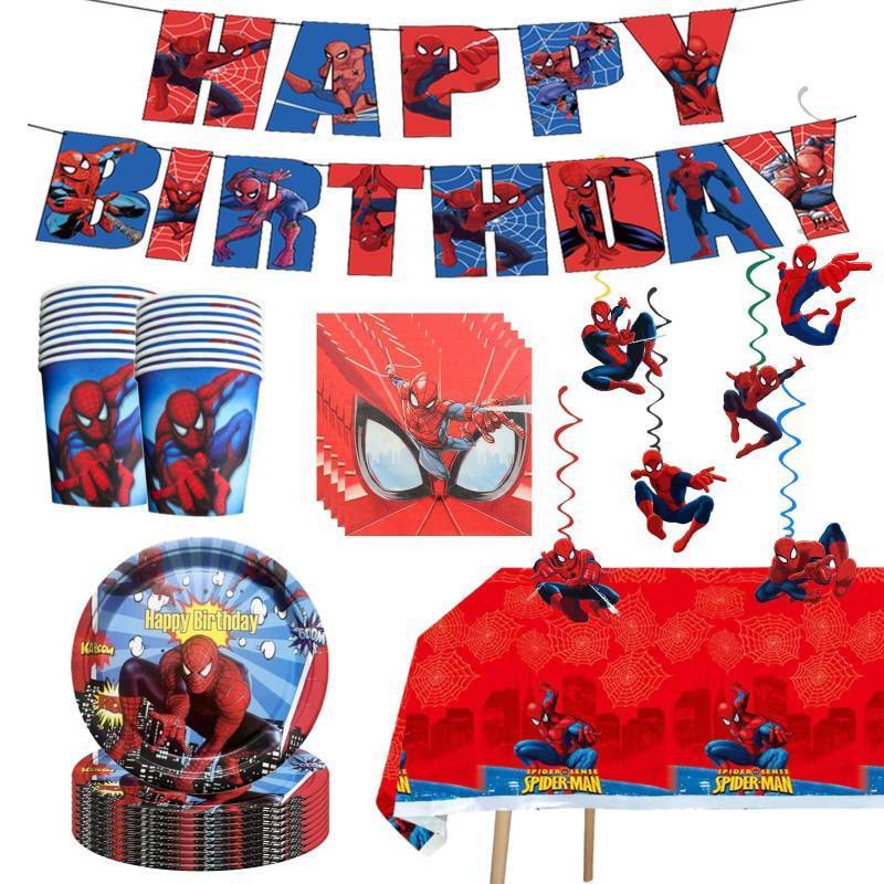 lot 62344 image: 68PCS Spidey Birthday Decorations 20 Plates, 20 Napkins, 20 Cups, 1 Happy Birthday Banner, 6 Hanging Swirls, 1 Tablecover - Retail $22