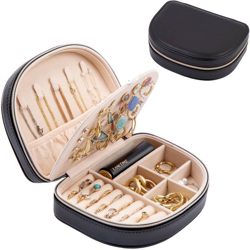 lot 45919 image: Travel Size Jewelry Box, Medium Portable Seashell-Shaped Jewelry Case, 2 Layer Jewelry Organizer in PU Leather for Women -Black - Retail $28