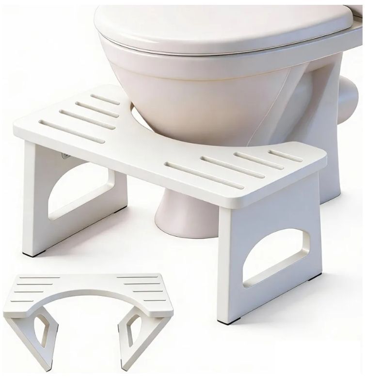 lot 45966 image: Foldable Toilet Stool, 7 Inch Poop Stool for Bathroom, Bamboo Toilet Stool Squat Adult, Collapsible Squatting Potty Stool with Non-Slip Strip. SEE PHOTO FOR CRACKS - Retail $23