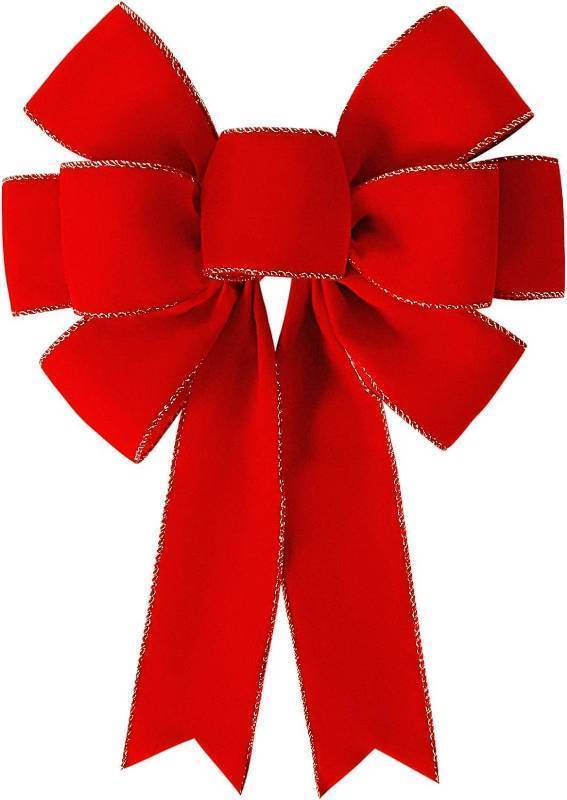 lot 56402 image: Red Christmas Bows Decorations Big Velvet Bow with Wired Gold Border for Tree Topper, Wreaths, Outdoor, Garland, Outside (12  14 inch) - Retail $8