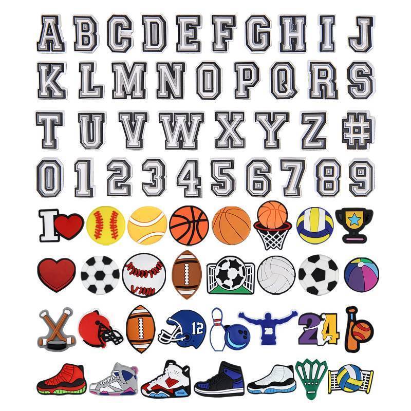 lot 56425 image: Letters Numbers and Sports Decoration Charms, Basketball Baseball Hockey Softball Soccer Football Gift for Boys Kids Teens and Adults - Retail $13
