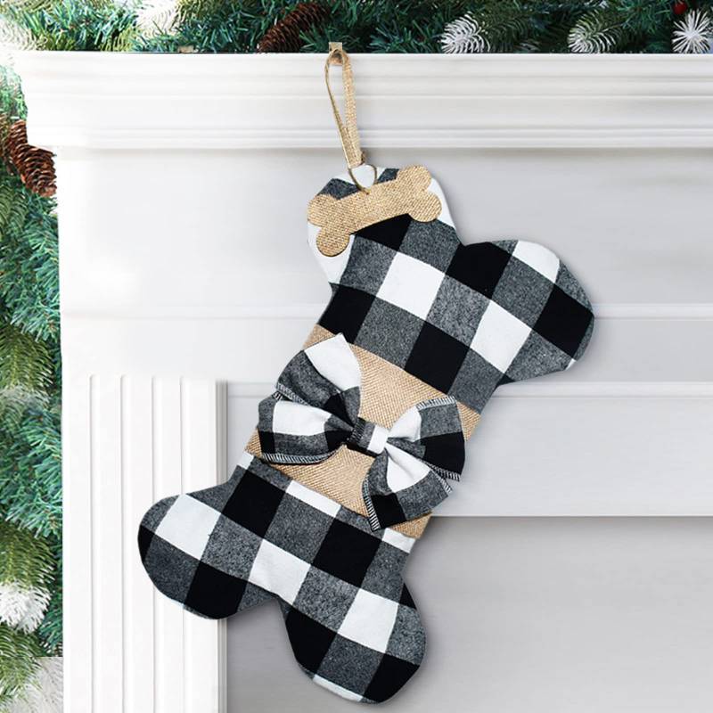 lot 62401 image: Pet Dog Christmas Stockings Buffalo Black White Plaid Burlap Large Bone Shape Hanging Christmas Stocking for Dogs Pets - Retail $10