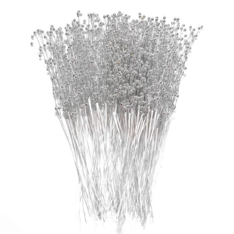 lot 62424 image: 60 Pieces Pearl Stick Stems Bouquets, 4mm Bead String Garland Beaded Spray Filler Floral Arrangements Tree Picks Wedding Party Decoration, Christmas Decorations, Christmas Tree Picks (Silver) - Retail $13