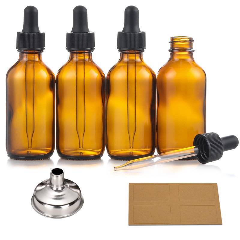 lot 62449 image: 3 Pack, 2 oz Bottles with Dropper & 1 Funnel & 4 Labels - Essential Oils Bottles for Health, Personal Care & Beauty - 60ml Thick Dark Amber Glass Tincture Bottles, Refillable Cosmetic Containers - Retail $7
