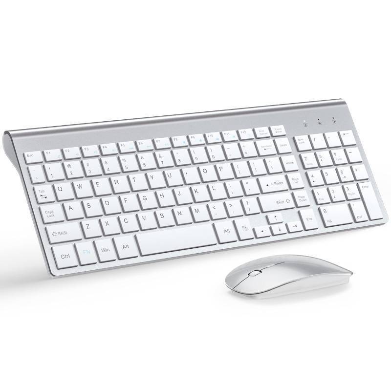 lot 62473 image: Wireless Keyboard and Mouse Ultra Slim Combo, TopMate 2.4G Silent Compact USB 2400DPI Mouse and Scissor Switch Keyboard Set with Cover, Batteries Included, for PCLaptopWindowsMac - Silver White - Retail $33