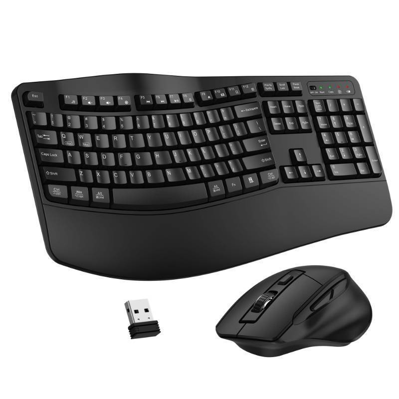lot 62491 image: Wireless Keyboard and Mouse Combo, 2.4G Full Size Wave Keys Ergonomic Keyboard with Wrist Rest and 3-Level DPI Adjustable Wireless Ergonomic Mouse for Windows, Mac OS DesktopLaptopPC(Black) - Retail $46