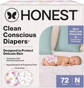 lot 16661 image: The Honest Company Comfort Dry Disposable Daytime Diapers for Sensitive Skin, Hypoallergenic, Rose Blossom  Tutu Cute, Club Box Size Newborn 72 Count - Retail $27