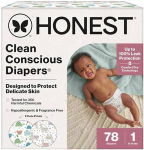 lot 16662 image: The Honest Company Comfort Dry Disposable Daytime Diapers for Sensitive Skin, Hypoallergenic, All the Alpacas  Turtle Time, Club Box Size 1 (8-14 lbs) 78 Count - Retail $27
