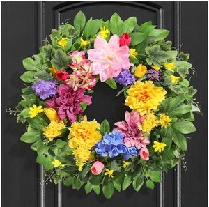 lot 16670 image: Spring Wreaths for Front Door, 24 Inch Greenery Front Door Wreath with Peonies Dahlias Hydrangeas, Artificial Home Decorations for Indoor Outdoor Window Wall, Outside Floral Wreath Decor  - Retail $20