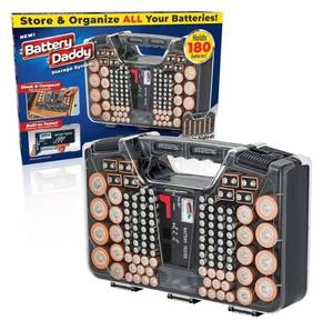 lot 16673 image: Battery Daddy Storage & Organizer Case wTester, Stores & Protects Up to 180 Batteries, Double-Sided, Clear Locking Lid, Secure Latches & Portable Carrying Handle. ONE SIDE Cracked and Taped. - Retail $25