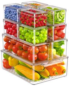 lot 16679 image: 11 Pack Refrigerator Organizers and Storage, Stackable Fridge Organizer Bins, BPA-Free Clear Plastic Fruit Storage Containers for Fridge, Kitchen, Fruits, Drinks, Produce, Vegetable - Retail $28