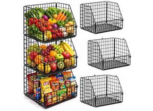 lot 16686 image: 3-Tier Wall Hanging Fruit Baskets for Kitchen Organizing Fruits and Vegetables, Heavy-Duty Wall Basket for Storage, Wire Hanging Fruit Basket for Kitchen & Pantry - Retail $28