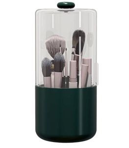lot 16689 image: Makeup Brush Holder with Dustproof Cover, Clear 360 Rotating Make Up Brushes Organizer for Counter Vanity Bathroom, Olive Green - Retail $25