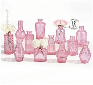 lot 16694 image: 12 Pack Bud Vase in Bulk - Pink Flower Vases for Wedding Decorations, Glass Vase for Table Decorations, Small Vase for Home, Mothers Day, Centerpieces, Party, Office - Retail $36