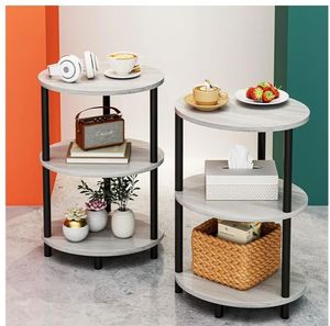 lot 16695 image: Small Round Side Table - 3-Tier Oval Accent Table for Small Spaces, Rustic Wood and Metal Couch End Table, Nightstand for Bedroom or End Table Living Room, Set of 2 - Retail $60