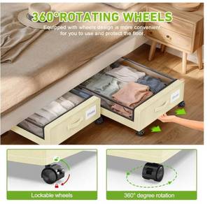 lot 16696 image: Under Bed Storage with Wheels, 2 Pack Underbed Storage Containers with Clear Lids, Under Bed Shoe Storage Organizer, Rolling Under Bed Storage for Clothes Shoes Blankets (Beige) - Retail $30
