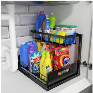lot 16699 image: Under Sink Organizer, Pull Out Cabinet Storage 2 Tier Slide Out Sink Shelf, Kitchen Organizers and Storage - Retail $27
