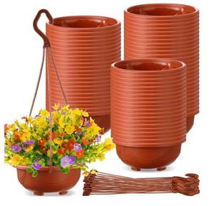 lot 16701 image: 60 Pcs Plastic Hanging Planter Flower Plant Pots with Hook Hanging Pot for Plants Basket Planter Holder Containers with Drainage Hole for Indoor Outdoor Garden Balcony Wall Decor - Retail $42