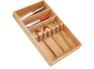 lot 16702 image: Silverware Drawer Organizer Wood Utensil Organizer Kitchen Flatware Organizer 3 Compartment with 6 Card Slots Cutlery Tray for Forks Knives Spoons 10.04x16.54x2 - Retail $29